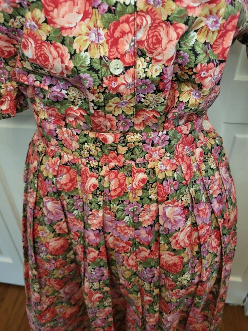 Vintage 80s Herman Geist Pink Rose Floral Cotton Skirt Blouse 10 Cottage Preppy - Picture 3 of 12